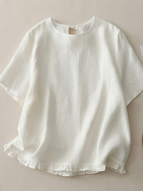 Lace Round Neck Loose Linen Lace-up Top