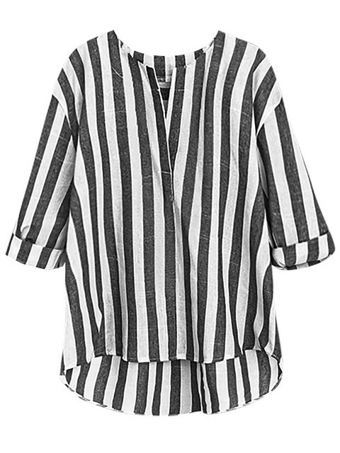 Women's Two-tone Striped Cotton and Linen Top
