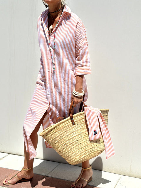 Striped Cardigan Lapel Shirt Dress