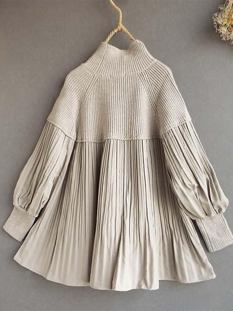 Loose Knitted Patchwork Pleated Lantern Sleeve Top