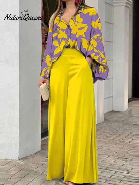 Women's Floral Art Print Loose Casual Shirt Wide-leg Pants Suit