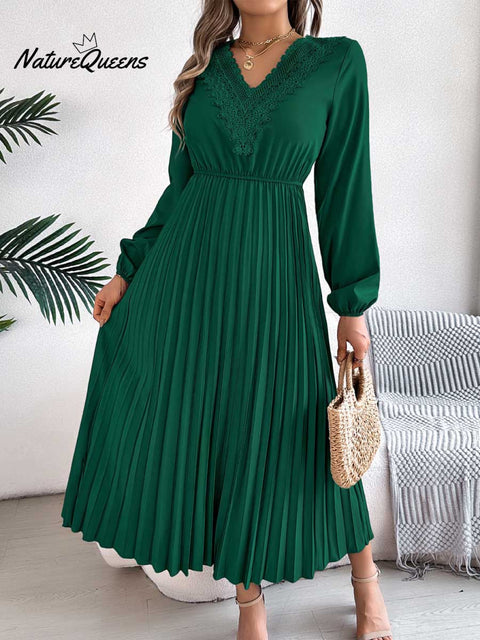 Women's Solid Color Loose Casual V-neck Lace Long Dress