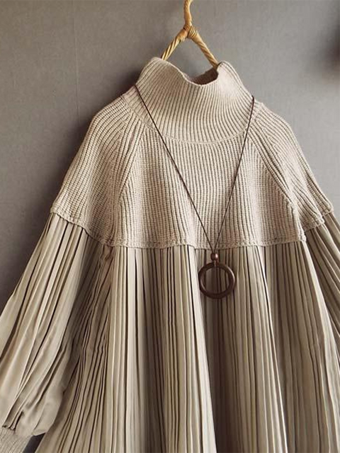 Loose Knitted Patchwork Pleated Lantern Sleeve Top