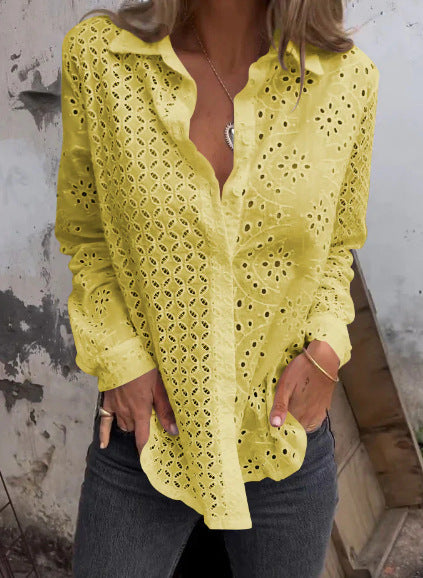 Women's Openwork Printed Loose Button Mesh Fashionable Top Shirt