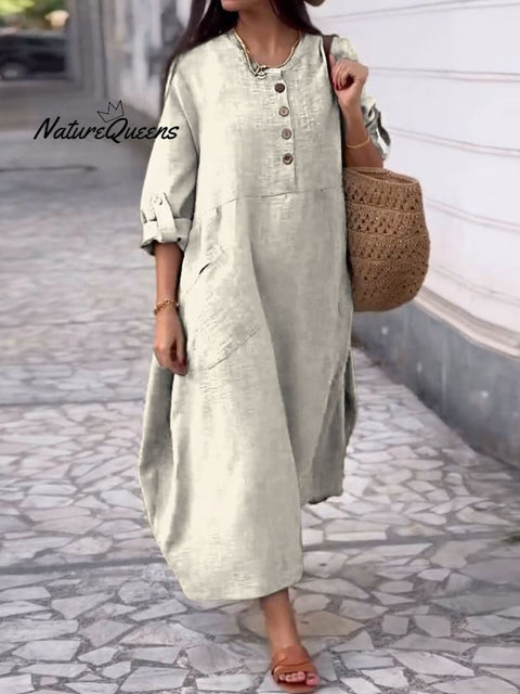 Women's Solid Color Round Neck Cotton Linen Pocket Button  Dress