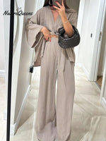 Women's Solid Color Casual Loose Stylish V-Neck Shirt Pants Suit