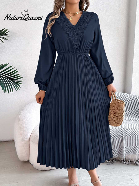 Women's Solid Color Loose Casual V-neck Lace Long Dress