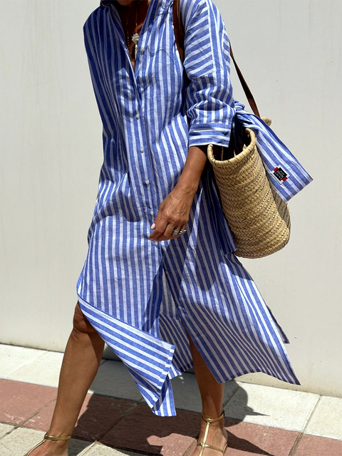 Striped Cardigan Lapel Shirt Dress