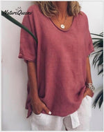 Solid color loose short-sleeved casual cotton and linen T-shirt