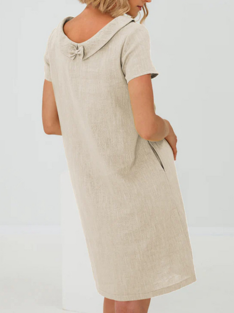 Retro Swing Collar Bowknot Cotton and Linen Dress