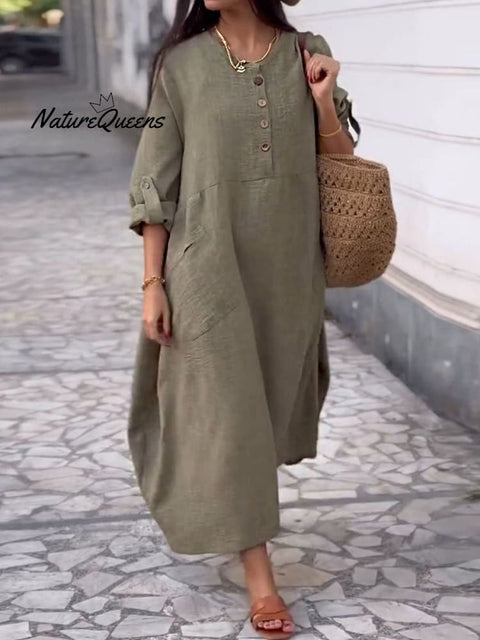 Women's Solid Color Round Neck Cotton Linen Pocket Button  Dress