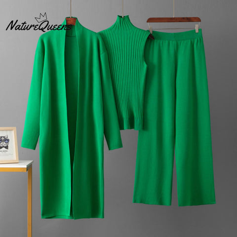 Women's Solid Color Casual Elegant Coat + Vest Sweater + Wide-leg Trouser Suit