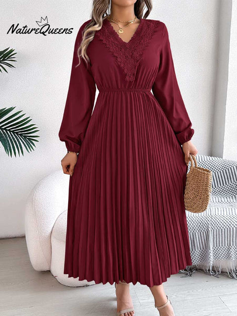 Women's Solid Color Loose Casual V-neck Lace Long Dress