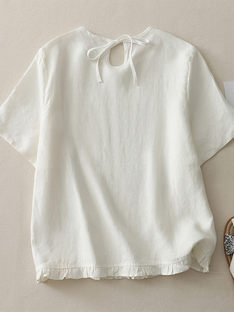 Lace Round Neck Loose Linen Lace-up Top