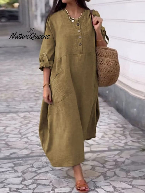 Women's Solid Color Round Neck Cotton Linen Pocket Button  Dress