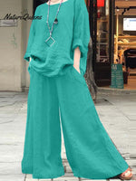Women's Solid Color Casual Loose Stylish Cotton And Linen Shirt Pants Two Piece Suit