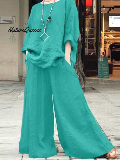 Women's Solid Color Casual Loose Stylish Cotton And Linen Shirt Pants Two Piece Suit