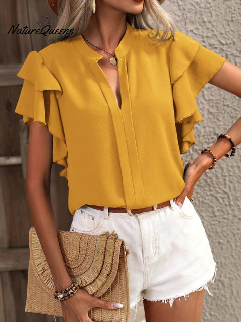 Women's Solid Color Casual Elegant Ruffled Sleeves V-neck Shirt
