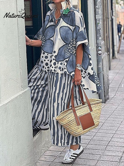 Women's Floral Geometric Pattern Art Print Casual Loose Stylish Shirt Pants Suit