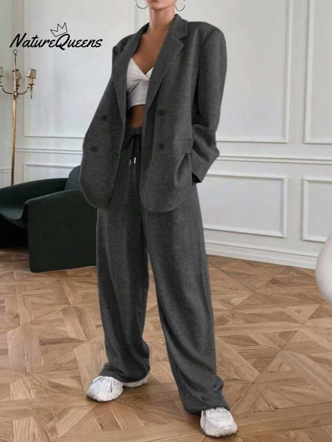 Women's Solid Color Casual Elegant Lapel Cardigan Suit Elastic Pants Suit