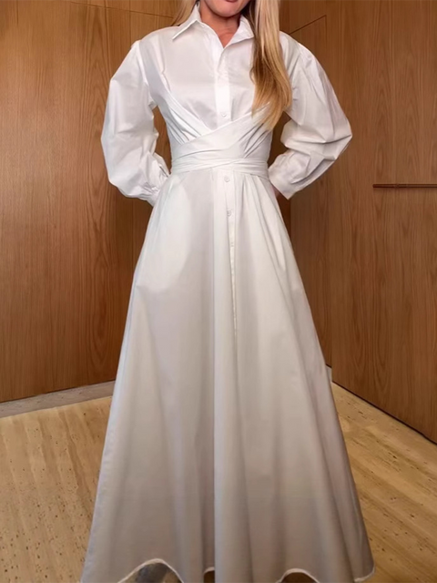 Elegant Waist Tie Cotton Dress