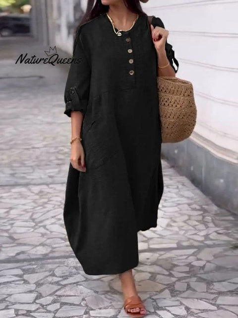 Women's Solid Color Round Neck Cotton Linen Pocket Button  Dress