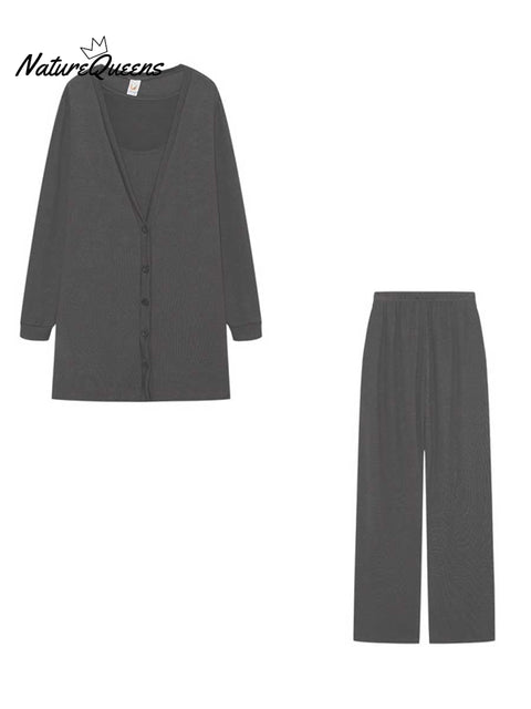 Women's Solid Color Casual Elegant Knitted Three-piece Jacket Vest Pants Set