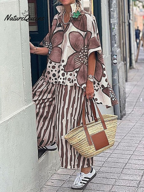 Women's Floral Geometric Pattern Art Print Casual Loose Stylish Shirt Pants Suit