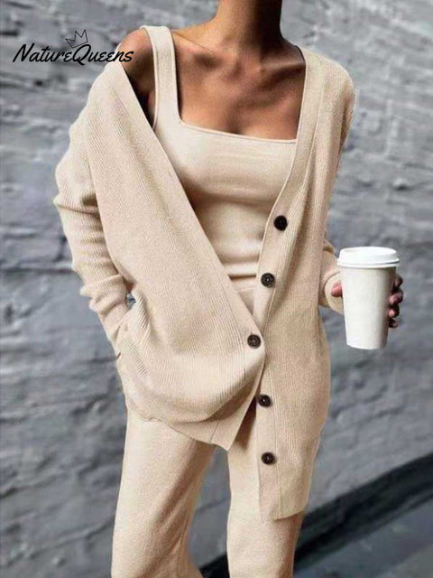 Women's Solid Color Casual Elegant Knitted Three-piece Jacket Vest Pants Set