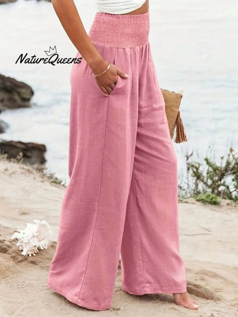 Women's Pink Pleated Cotton And Linen Casual Pants