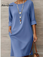 Elegant Round Neck Solid Color Pocket Dress