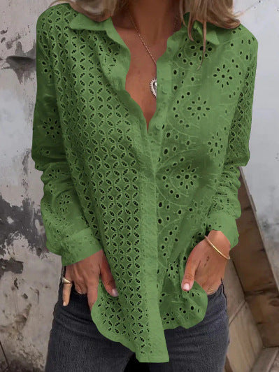 Women's Openwork Printed Loose Button Mesh Fashionable Top Shirt