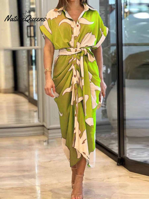Women's Floral Art Print Loose Casual Lapel High-Waist Shirt Long Dress