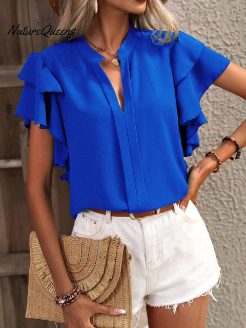 Women's Solid Color Casual Elegant Ruffled Sleeves V-neck Shirt