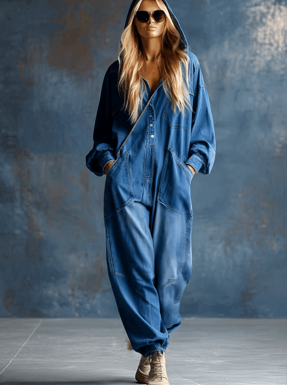 Casual Loose-fit Hooded Blue Denim Button-front Long-sleeved Jumpsuit