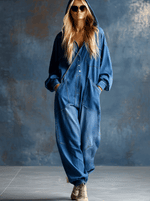 Casual Loose-fit Hooded Blue Denim Button-front Long-sleeved Jumpsuit