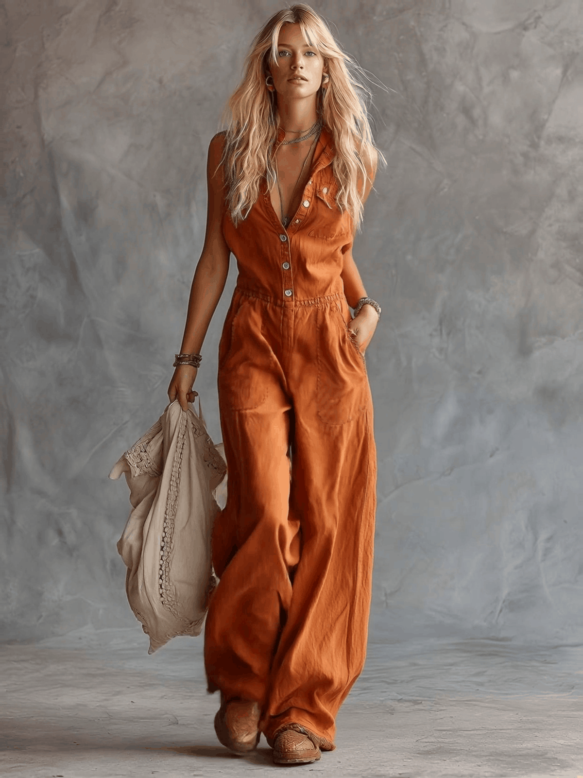 Casual Fashion Western V-neck Front-button Sleeveless Rust-orange Denim Jumpsuit