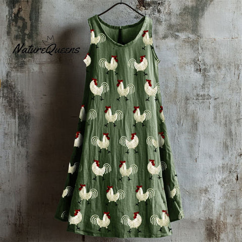 Farm Roosters Embroidered Linen Tank Dress