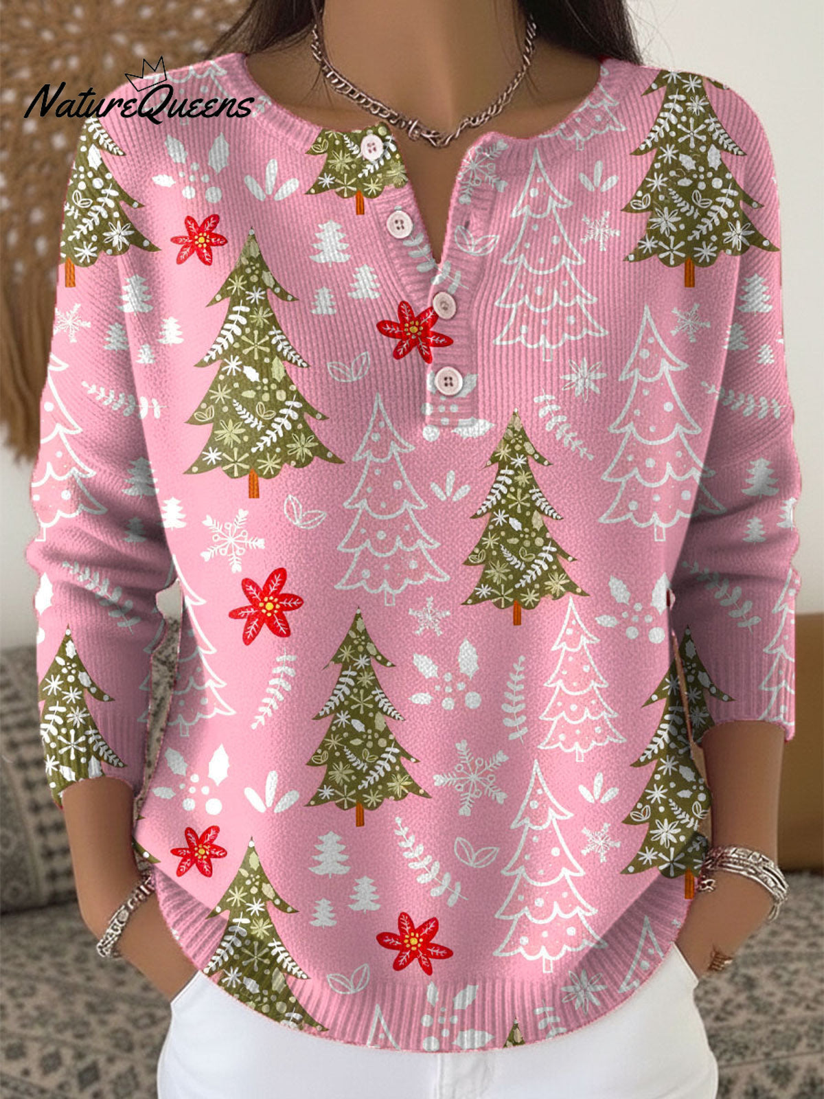 Women's Christmas Tree Pattern Art Print Buttoned Cardigan Sweater