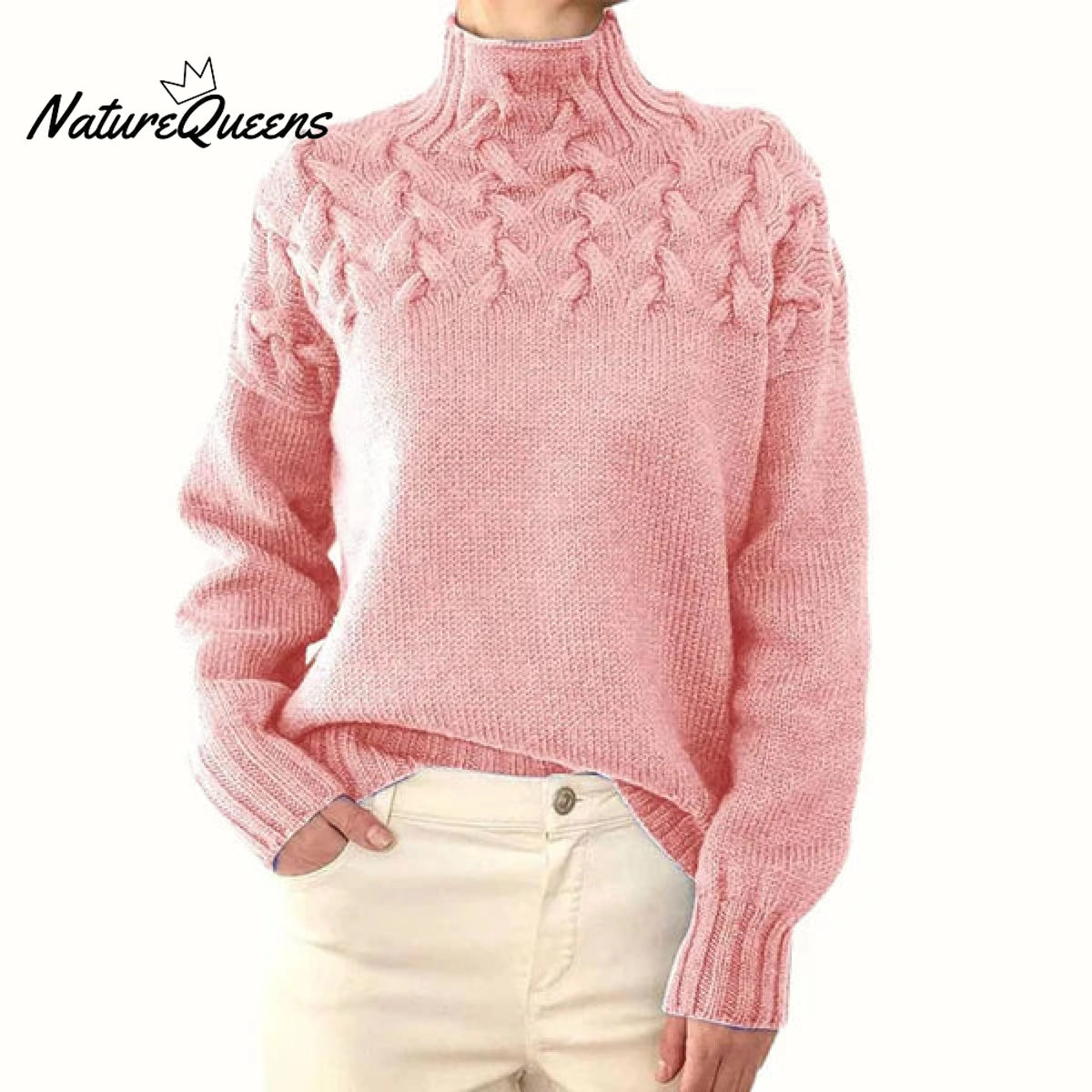 Women’s Braided High-Neck Warm Knit Sweater