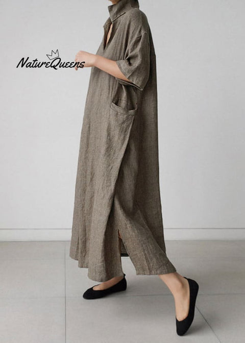 Plus Size Grey Peter Pan Collar Pockets Linen Long Dresses Short Sleeve