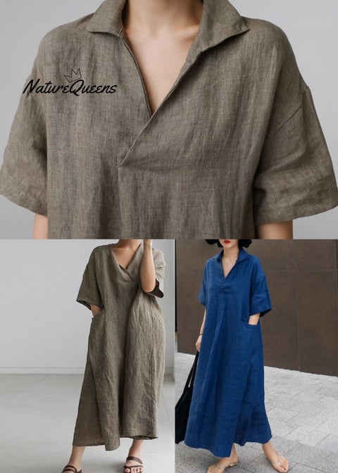 Plus Size Grey Peter Pan Collar Pockets Linen Long Dresses Short Sleeve