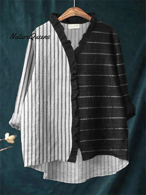 Striped Contrast Color Ruffle Trim Linen Blouse