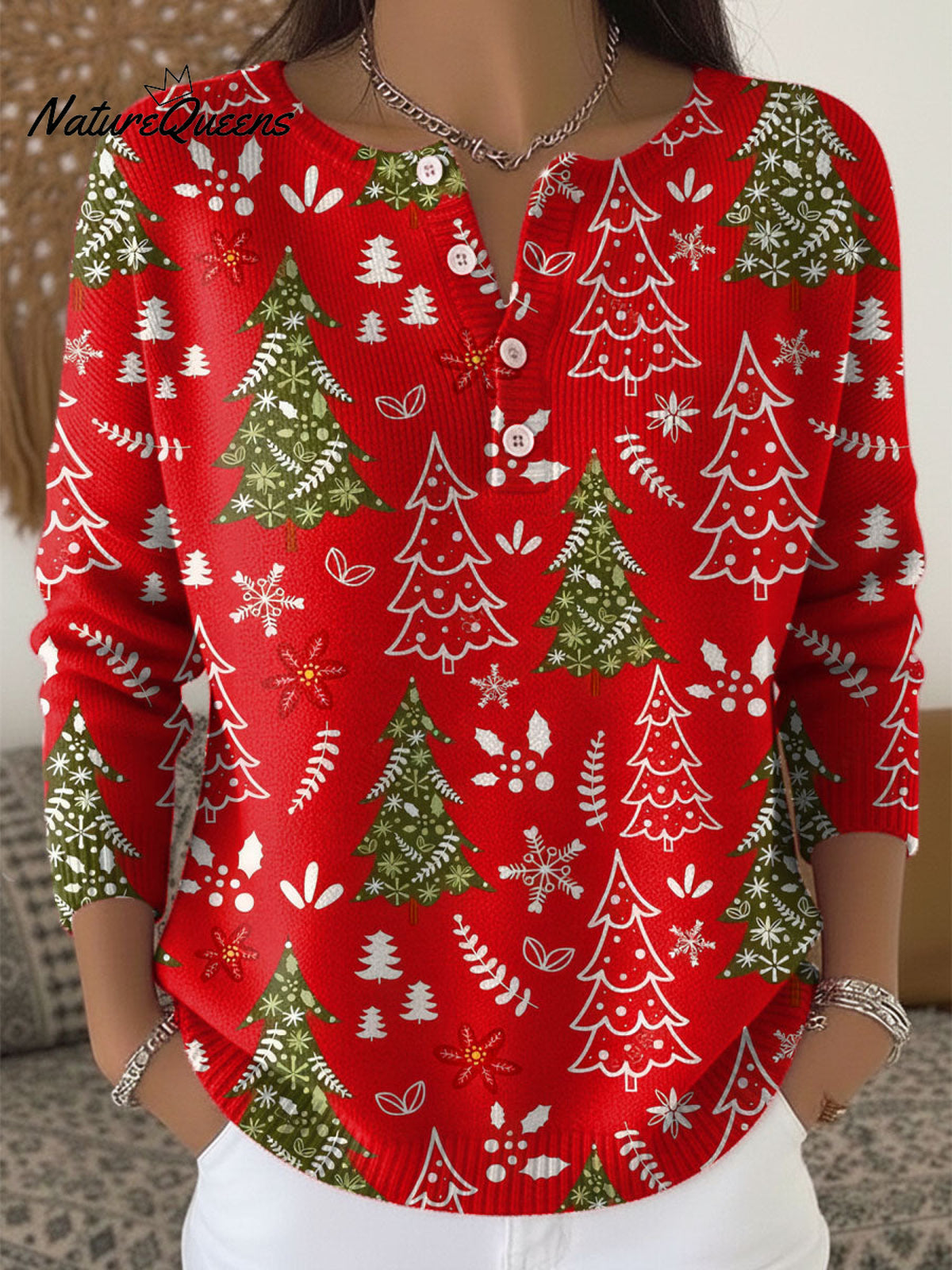 Women's Christmas Tree Pattern Art Print Buttoned Cardigan Sweater