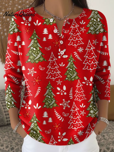 Women's Christmas Tree Pattern Art Print Buttoned Cardigan Sweater