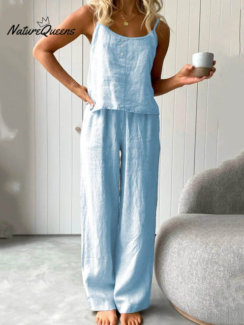 Women's Solid Color Casual Loose Elegant Stylish Sleeveless Top Pants Two Piece Suit