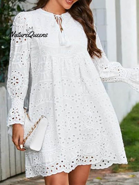 Women's Fringed V-neck Long-sleeve Hollow Lace Stylish Solid Color Cotton Dress