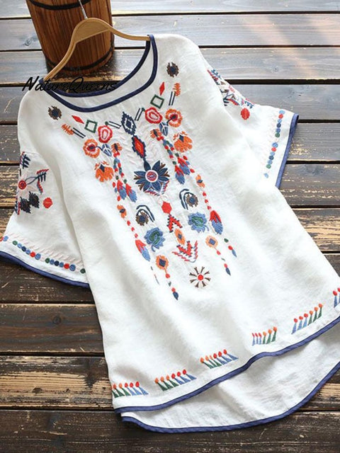 Women's Retro Ethnic Embroidered Style Loose Casual Cotton And Linen Shirt