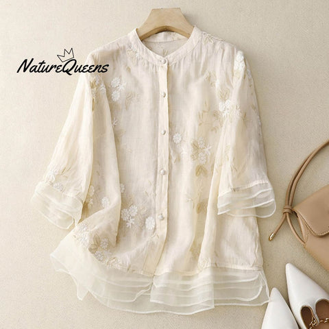 Women's Retro Floral Embroidered Style Art Loose Casual Shirt