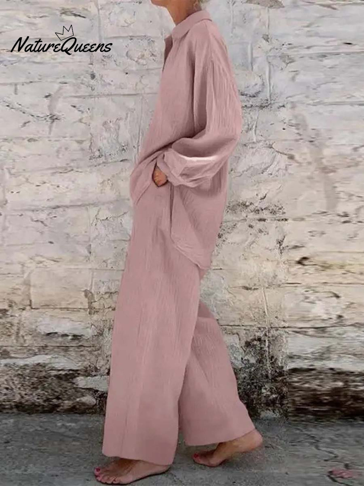 Women's Solid Color Casual Loose Stylish Long-sleeved Top Pocket Pants Two Piece Suit